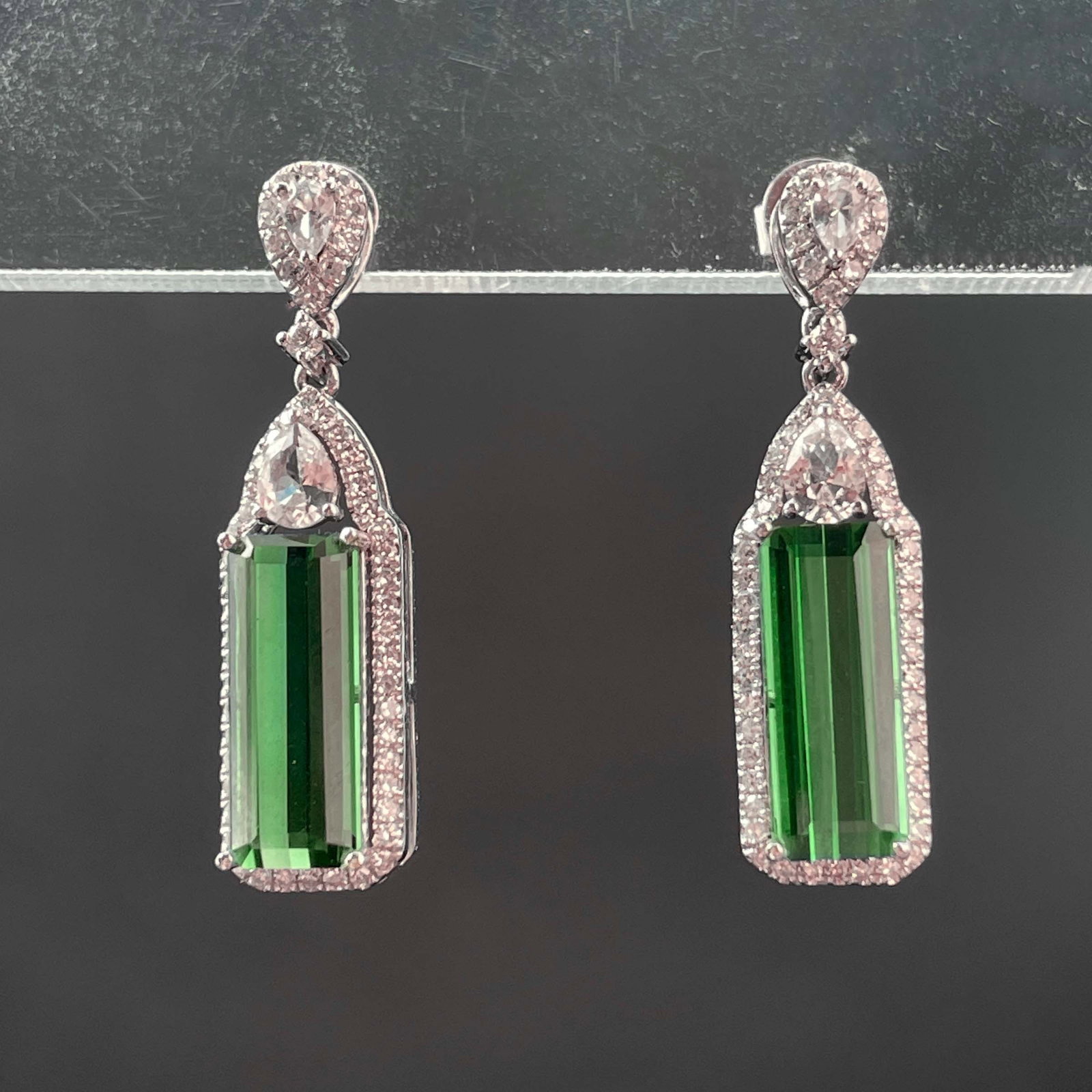 14k Gold 2.53 Ct Natural Tourmaline & Diamond & Sapphire Earrings - 2