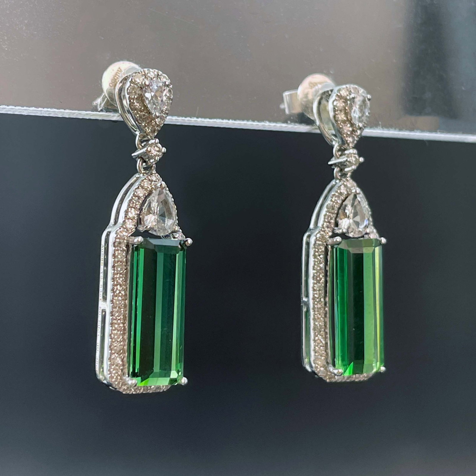14k Gold 2.53 Ct Natural Tourmaline & Diamond & Sapphire Earrings - 3