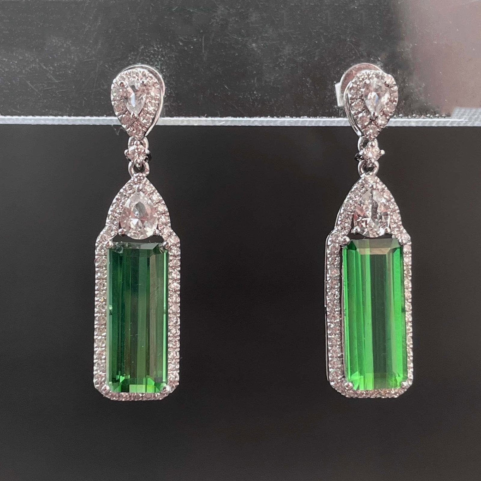14k Gold 2.53 Ct Natural Tourmaline & Diamond & Sapphire Earrings - 5