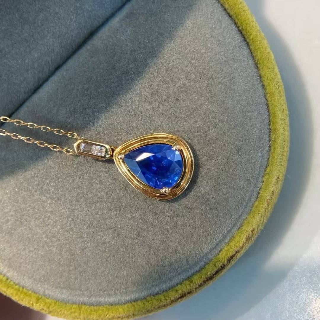 14k Gold 1.4 Ct Natural Sapphire & Diamond Pendant( Without Chain ) - 2