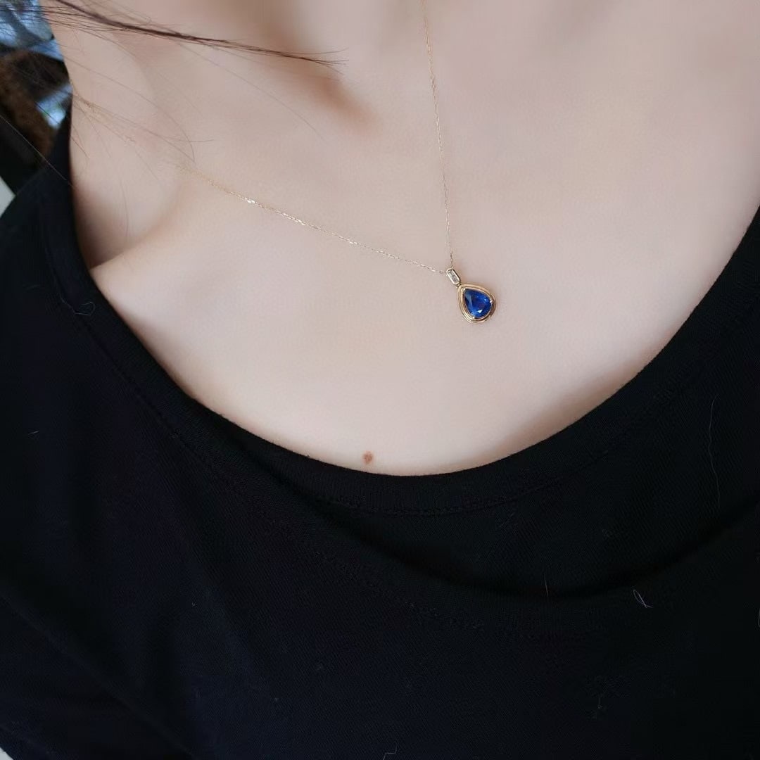 14k Gold 1.4 Ct Natural Sapphire & Diamond Pendant( Without Chain ) - 4
