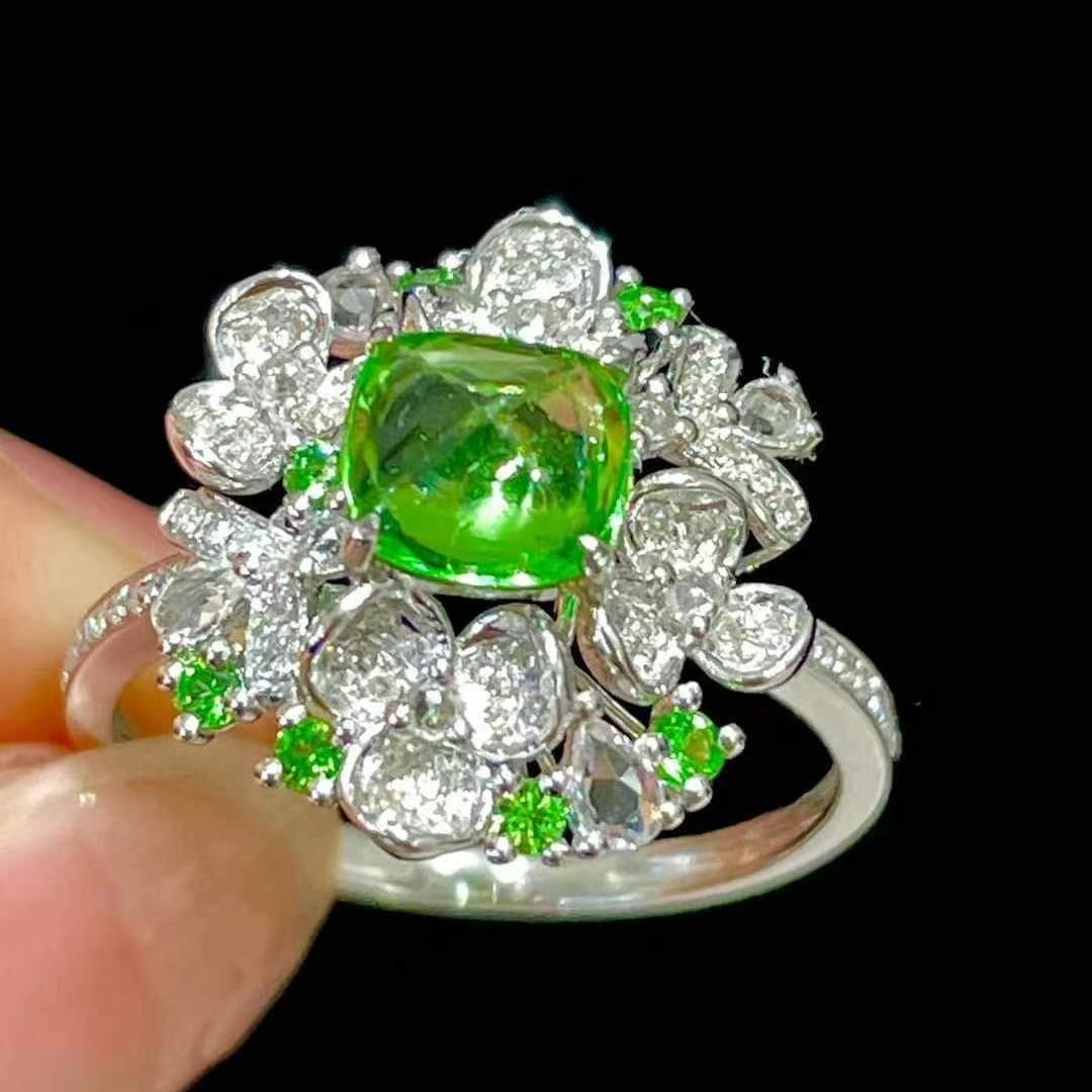 14k Gold 1 Ct Natural Tsavorite & Diamond Ring - 2