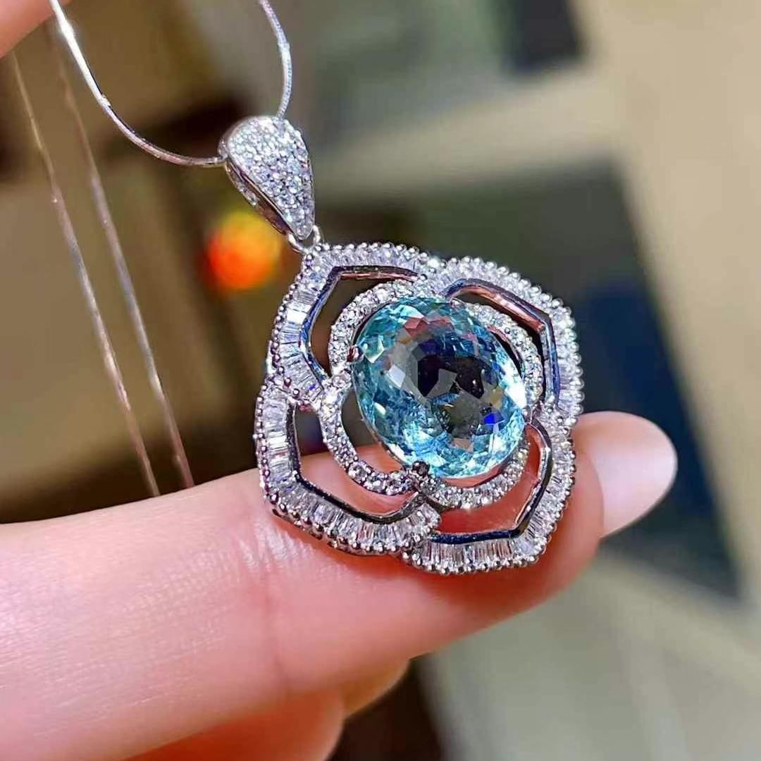 14k Gold 4.90 Ctw Natural Aquamarine & Diamond Pendant( Without Chain ) - 2
