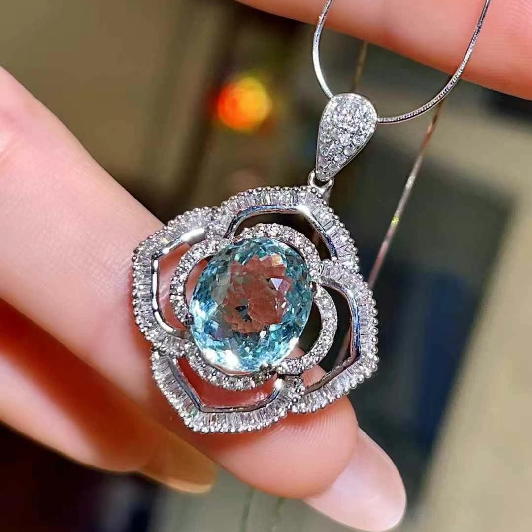 14k Gold 4.90 Ctw Natural Aquamarine & Diamond Pendant( Without Chain ) - 3