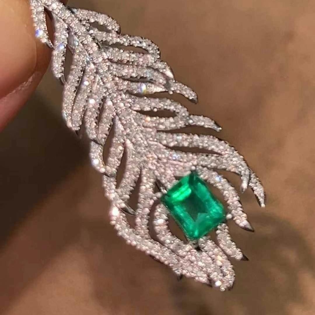 14k Gold 0.61 Ct Natural Emerald & Diamond Brooch/pendant( Without Chain ) - 2