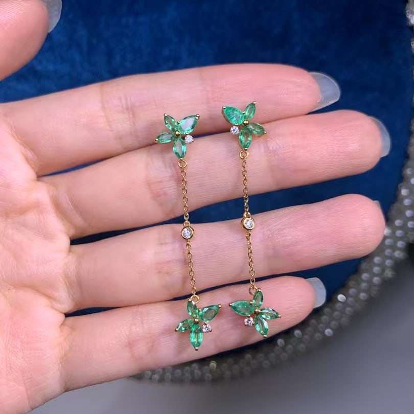 14k Gold 1.92 Ctw Natural Emerald & Diamond Earrings - 2