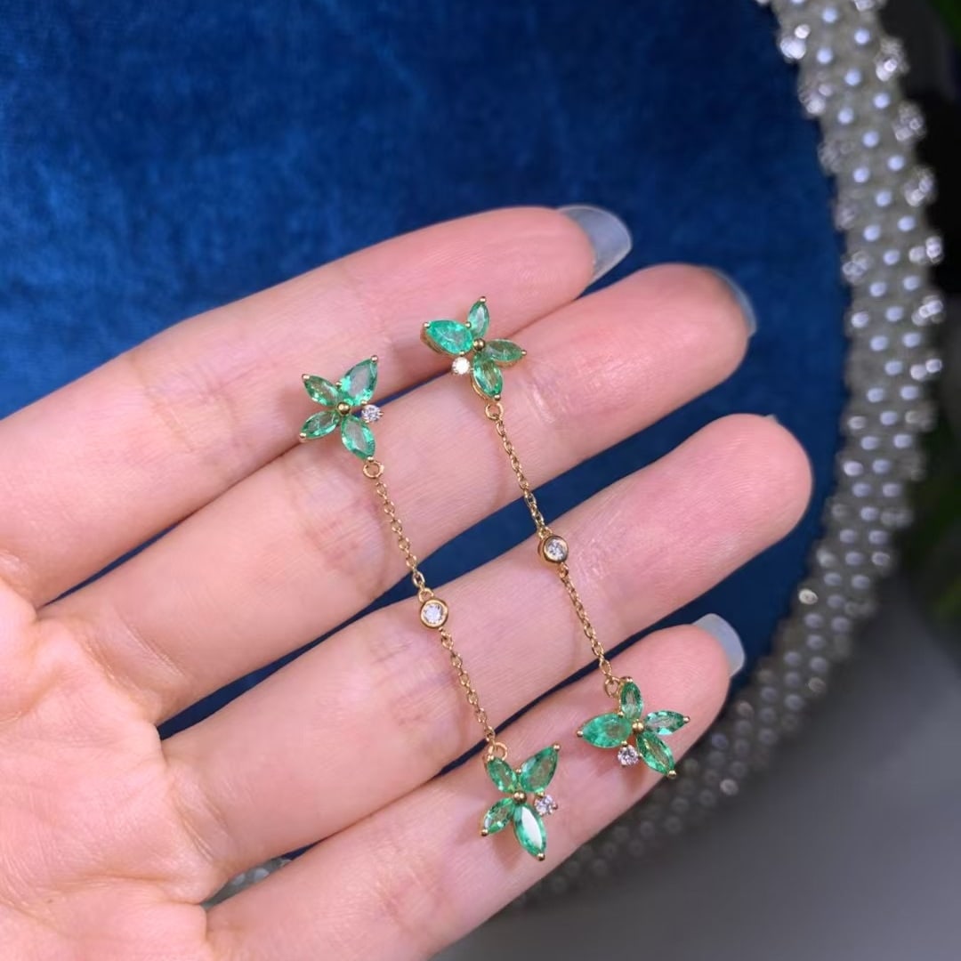 14k Gold 1.92 Ctw Natural Emerald & Diamond Earrings - 3