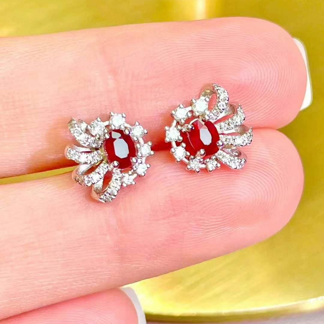 14k Gold 0.8 Ctw Natural Ruby & Diamond Earrings - 2