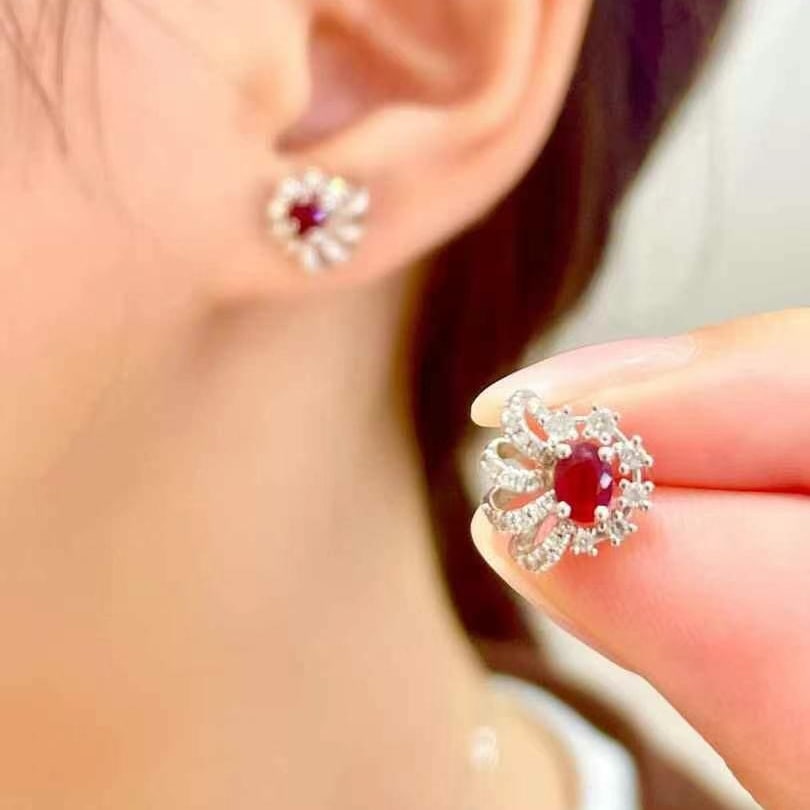 14k Gold 0.8 Ctw Natural Ruby & Diamond Earrings - 4