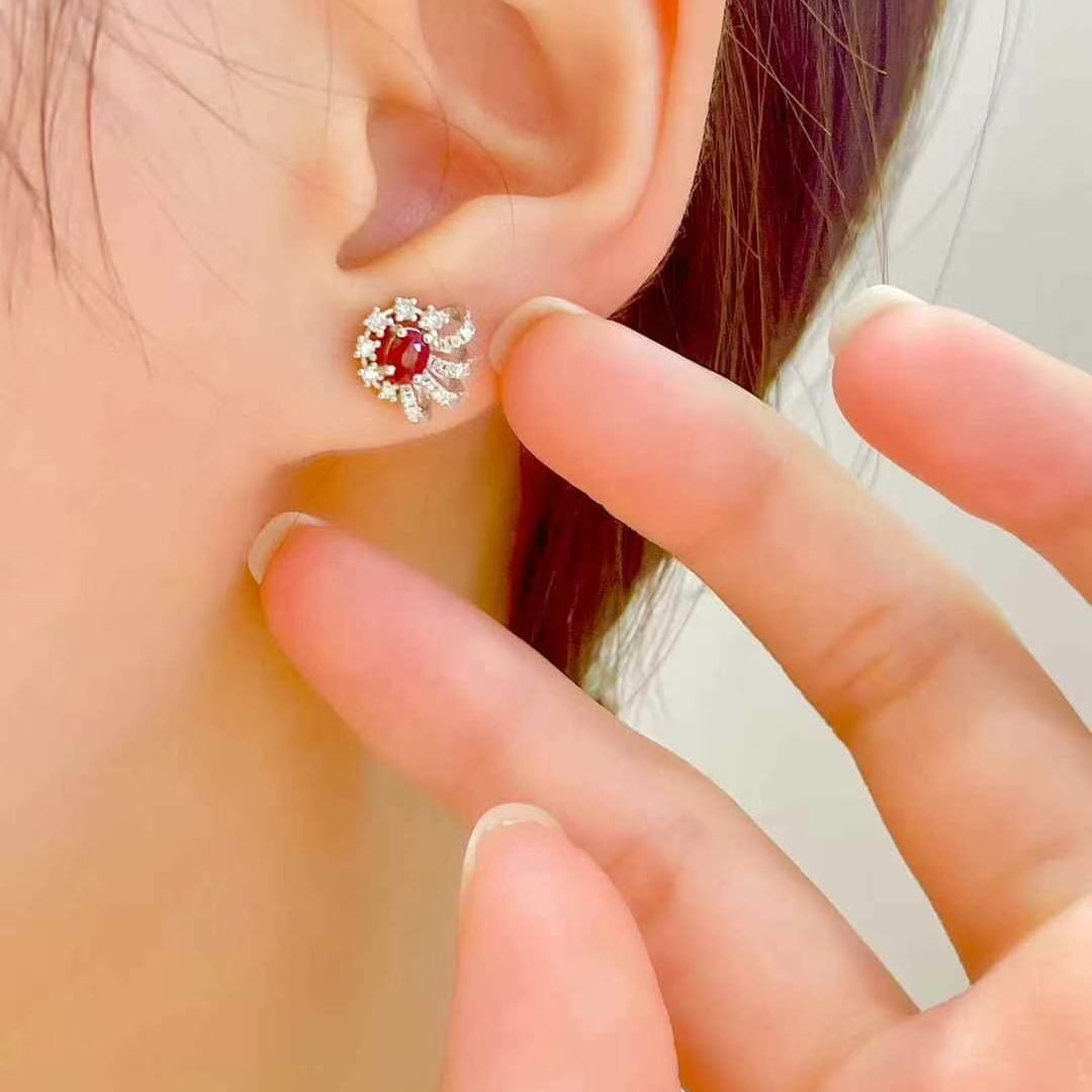 14k Gold 0.8 Ctw Natural Ruby & Diamond Earrings - 5