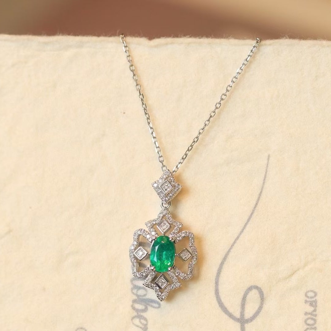 14k Gold 0.76 Ctw Natural Emerald & Diamond Pendant( Without Chain ) - 3