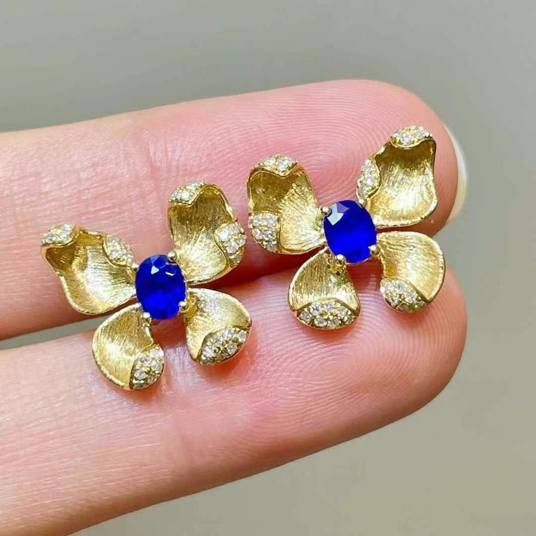 14k Gold 0.8 Ct Natural Sapphire & Diamond Earrings - 3