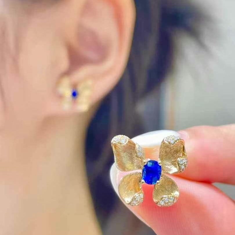 14k Gold 0.8 Ct Natural Sapphire & Diamond Earrings - 5