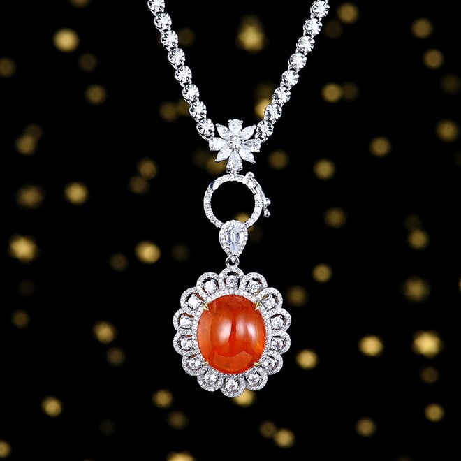 14k Gold 11.24 Ctw Natural Spessartine & Diamond Pendant( Without Chain ): Ref:230970011 // gold content:14k gold // main gemstone:spessartine // shape:oval // carat weight:10. 8ct // color:orange // treatment:natural // // adjacent gemstone 2 : diamond // number of