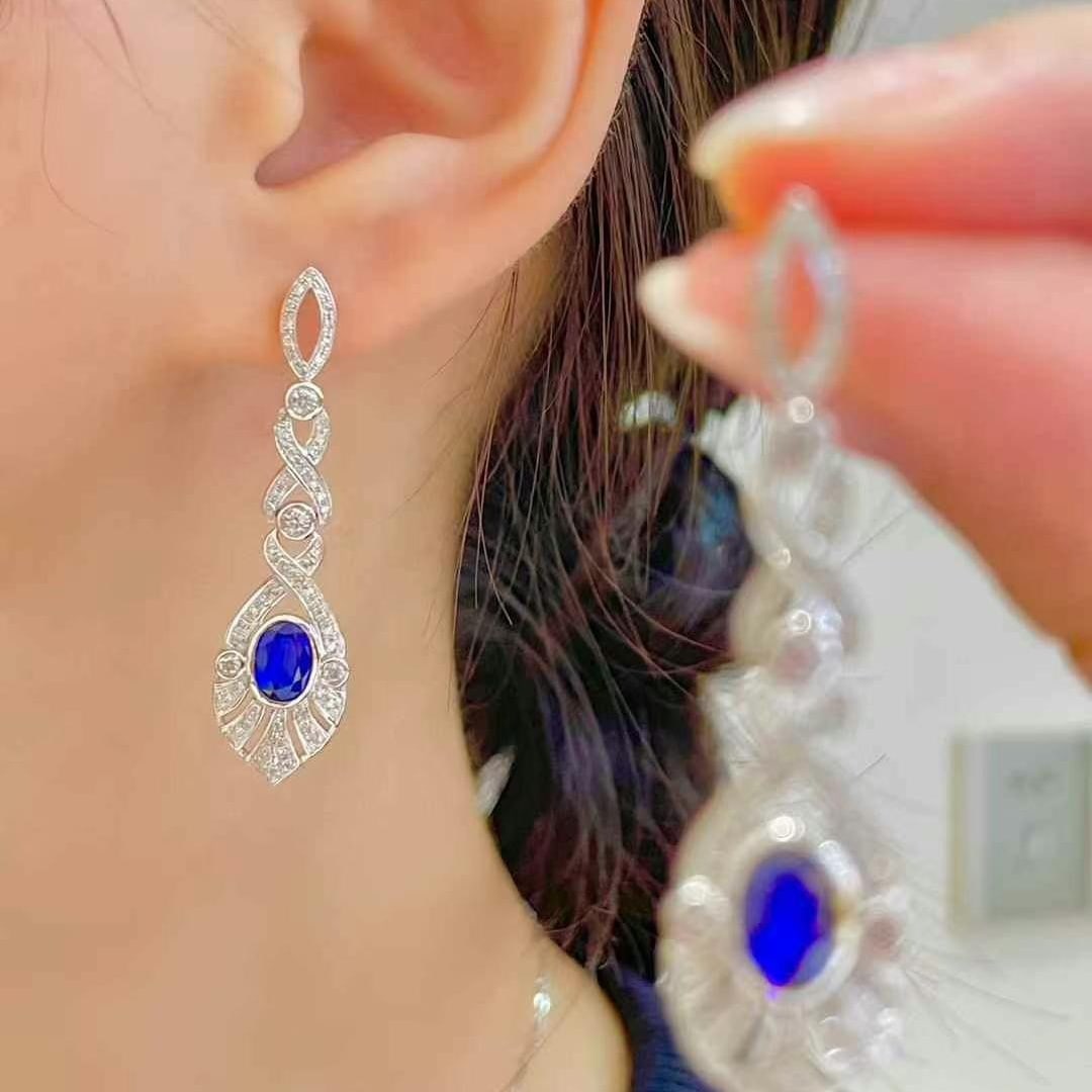 14k Gold 1.3 Ct Natural Sapphire & Diamond Earrings - 3