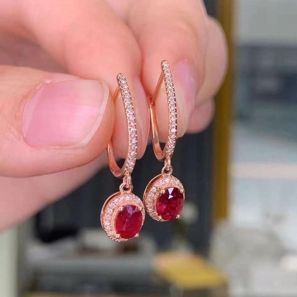 14k Gold 0.96 Ct Natural Ruby & Diamond Earrings - 2