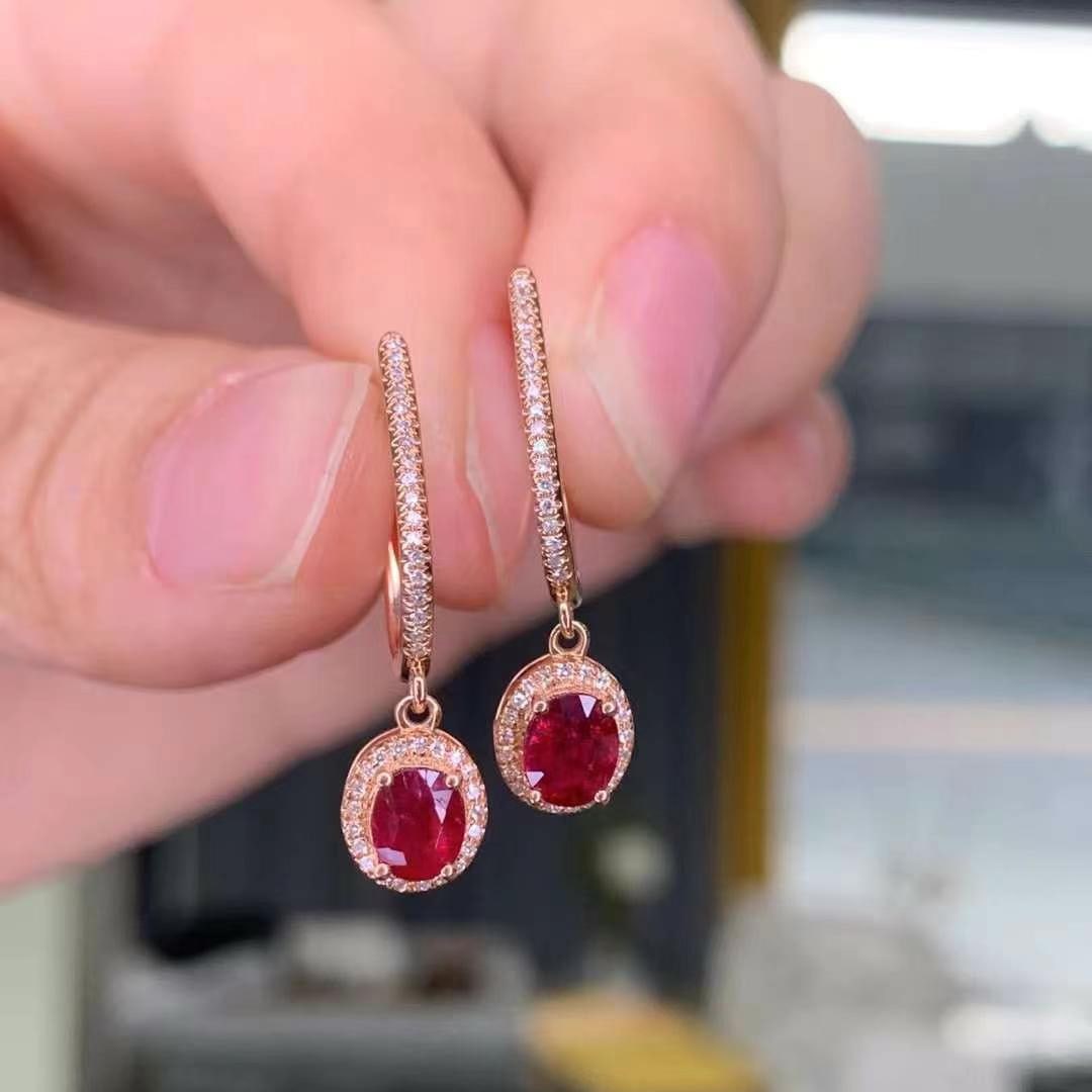 14k Gold 0.96 Ct Natural Ruby & Diamond Earrings - 3
