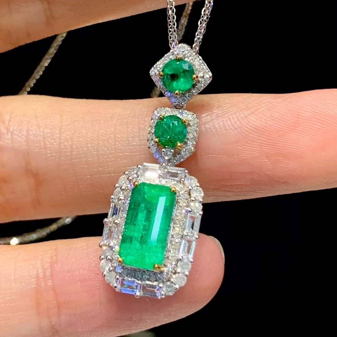 14k Gold 2.05 Ct Natural Emerald & Diamond & Sapphire Pendant( Without Chain ) - 2