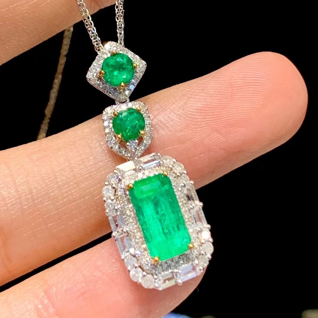 14k Gold 2.05 Ct Natural Emerald & Diamond & Sapphire Pendant( Without Chain ) - 3