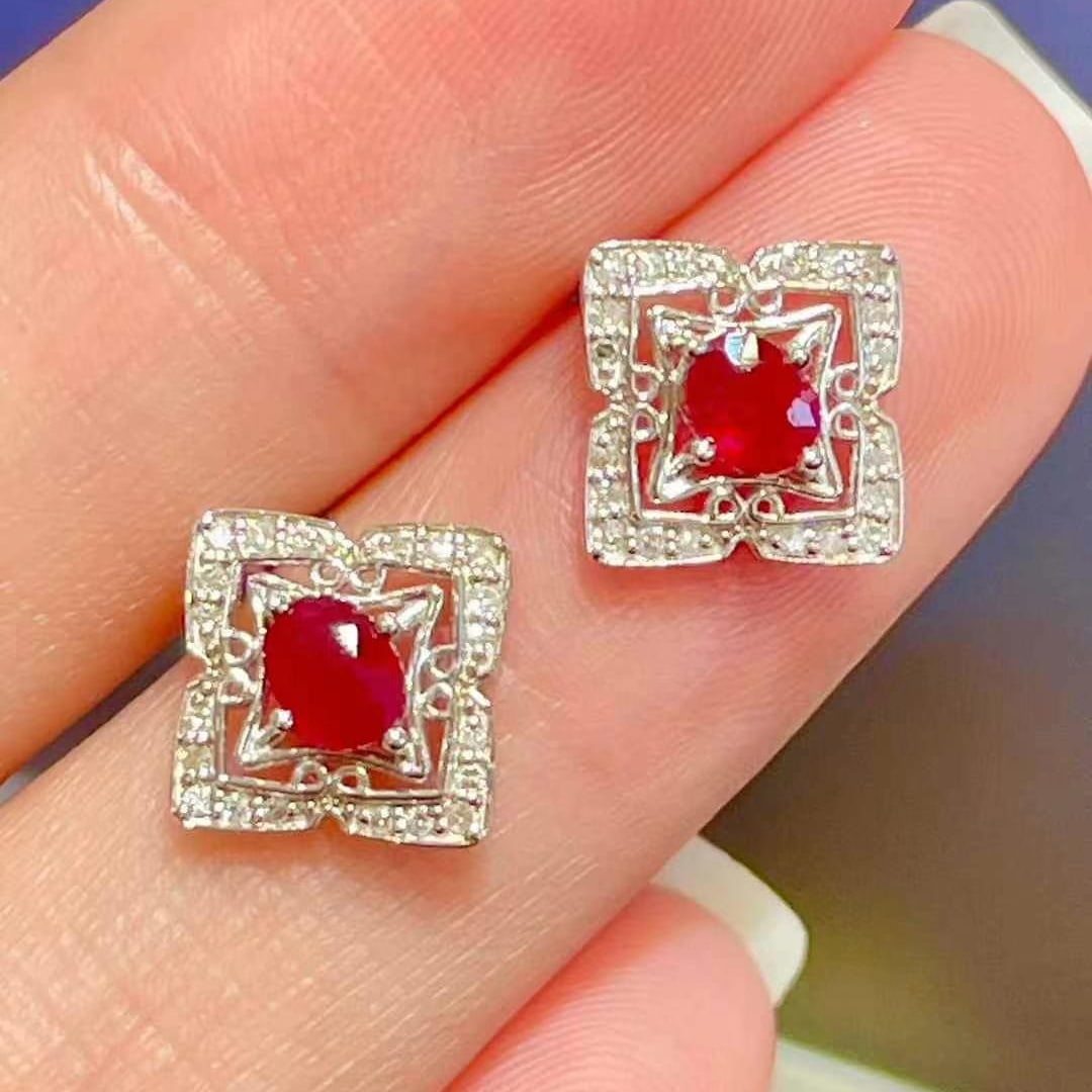 14k Gold 0.62 Ctw Natural Ruby & Diamond Earrings - 2