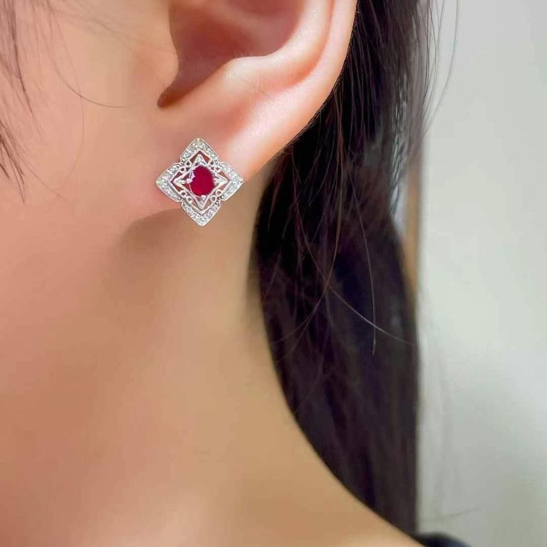 14k Gold 0.62 Ctw Natural Ruby & Diamond Earrings - 3