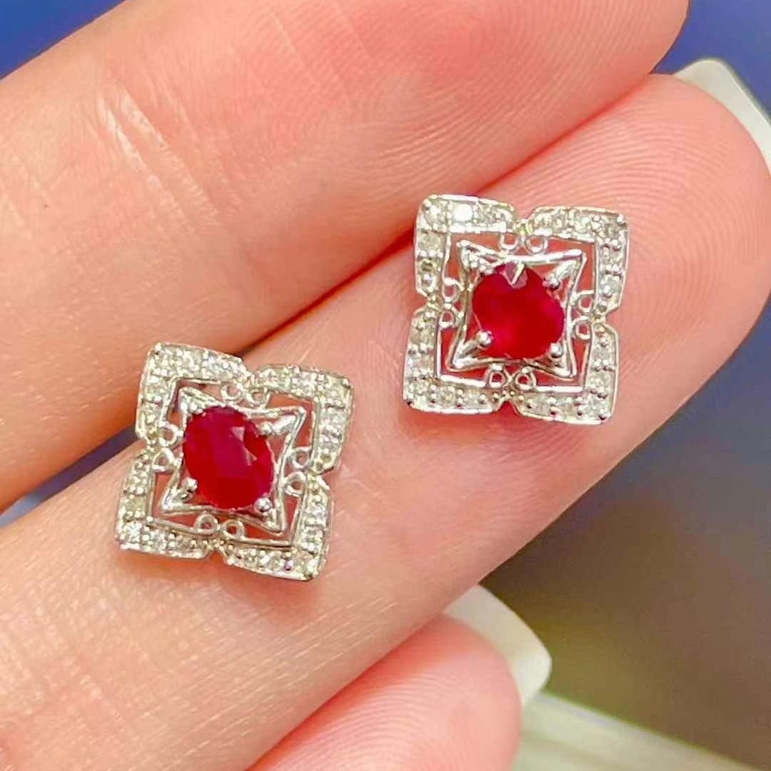 14k Gold 0.62 Ctw Natural Ruby & Diamond Earrings - 4