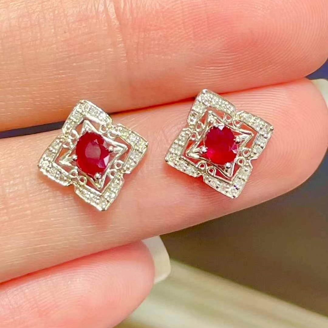14k Gold 0.62 Ctw Natural Ruby & Diamond Earrings - 5