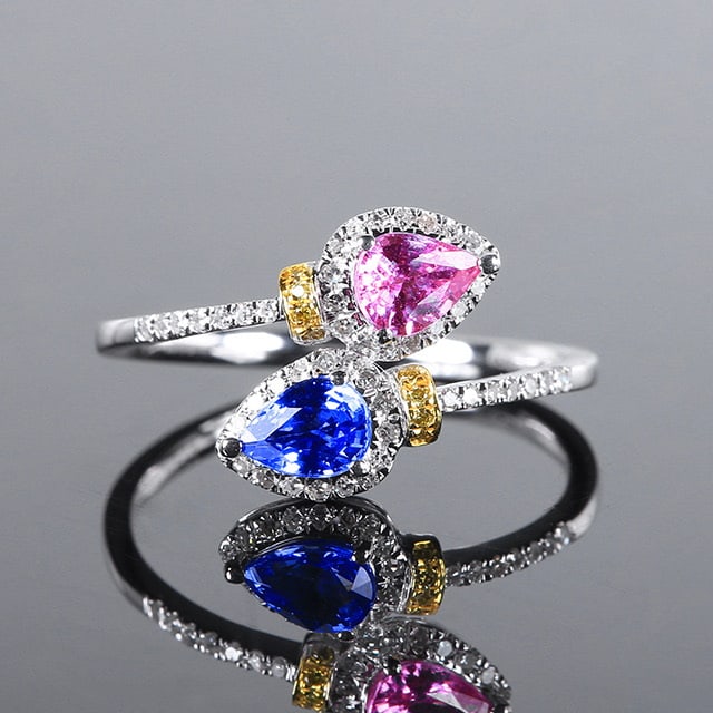 14k Gold 1.08 Ctw Natural Sapphire & Diamond & Toi Et Moi Ring: Ref:230970058 // gold content:14k gold // ring size:7. 25us // // main gemstone:sapphire // shape:pear // carat weight:0. 83ct // color:color // treatment:natural // // adjacent gemstone 2 : diamond