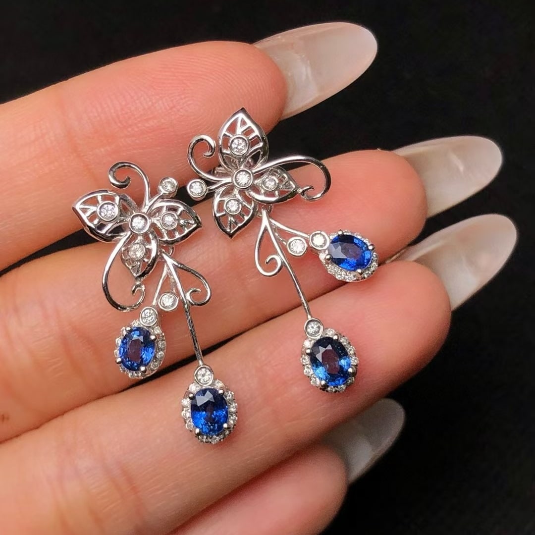14k Gold 2.04 Ctw Natural Sapphire & Diamond Earrings - 2