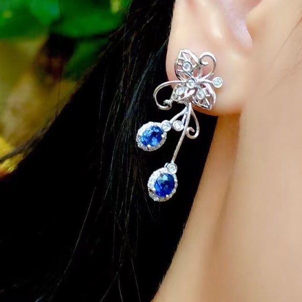 14k Gold 2.04 Ctw Natural Sapphire & Diamond Earrings - 3