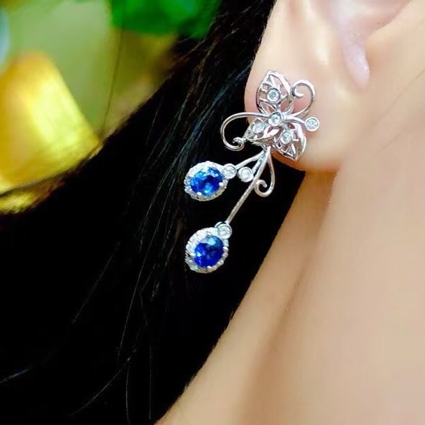 14k Gold 2.04 Ctw Natural Sapphire & Diamond Earrings - 4