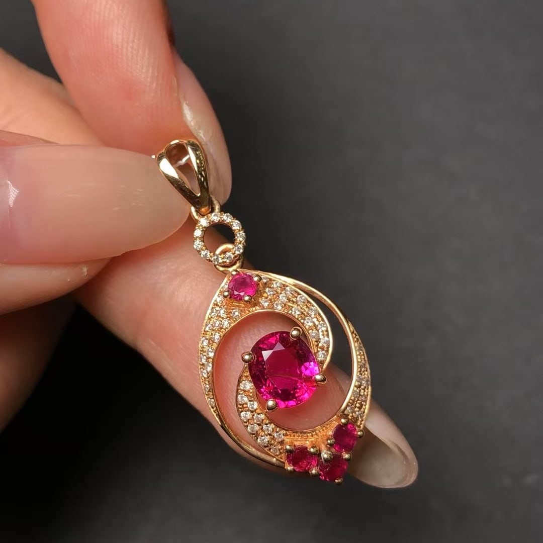 14k Gold 1.13 Ctw Natural Ruby & Diamond Pendant( Without Chain ) - 2