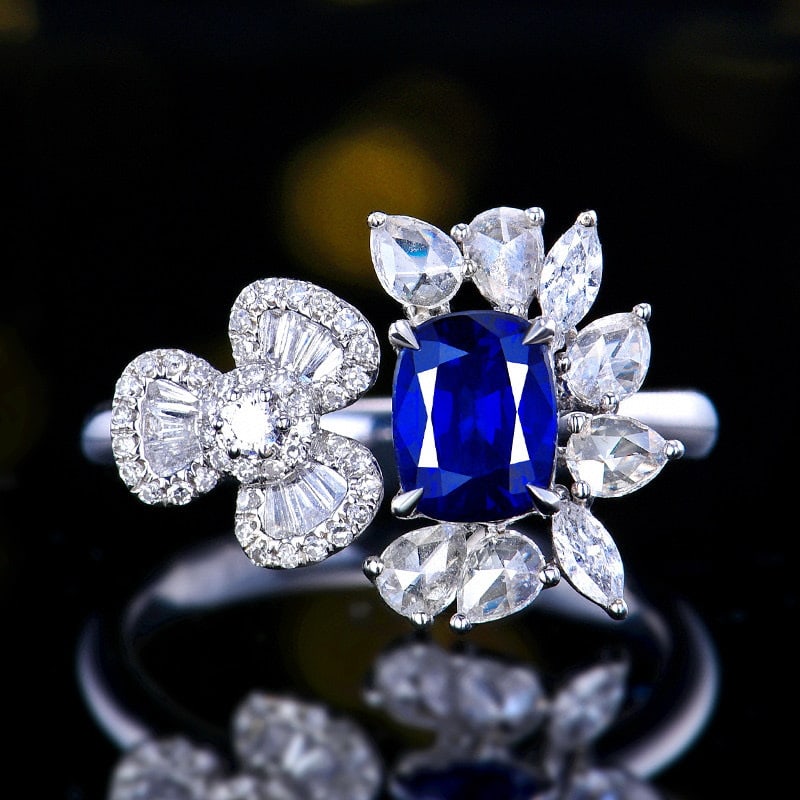 14k Gold 1.93 Ctw Natural Sapphire & Diamond Ring: Ref:230970082 // gold content:14k gold // ring size:7. 25us // // main gemstone:sapphire // shape:cushion // carat weight:1. 27ct // color:royal blue // treatment:natural // // adjacent gemstone 2 :