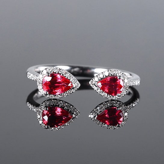 14k Gold 0.69 Ctw Natural Ruby & Diamond Ring: Ref:230970120 // gold content:14k gold // ring size:7. 25us // // main gemstone:ruby // shape:pear // carat weight:0. 55ct // color:red // treatment:natural // // adjacent gemstone 2 : diamond //