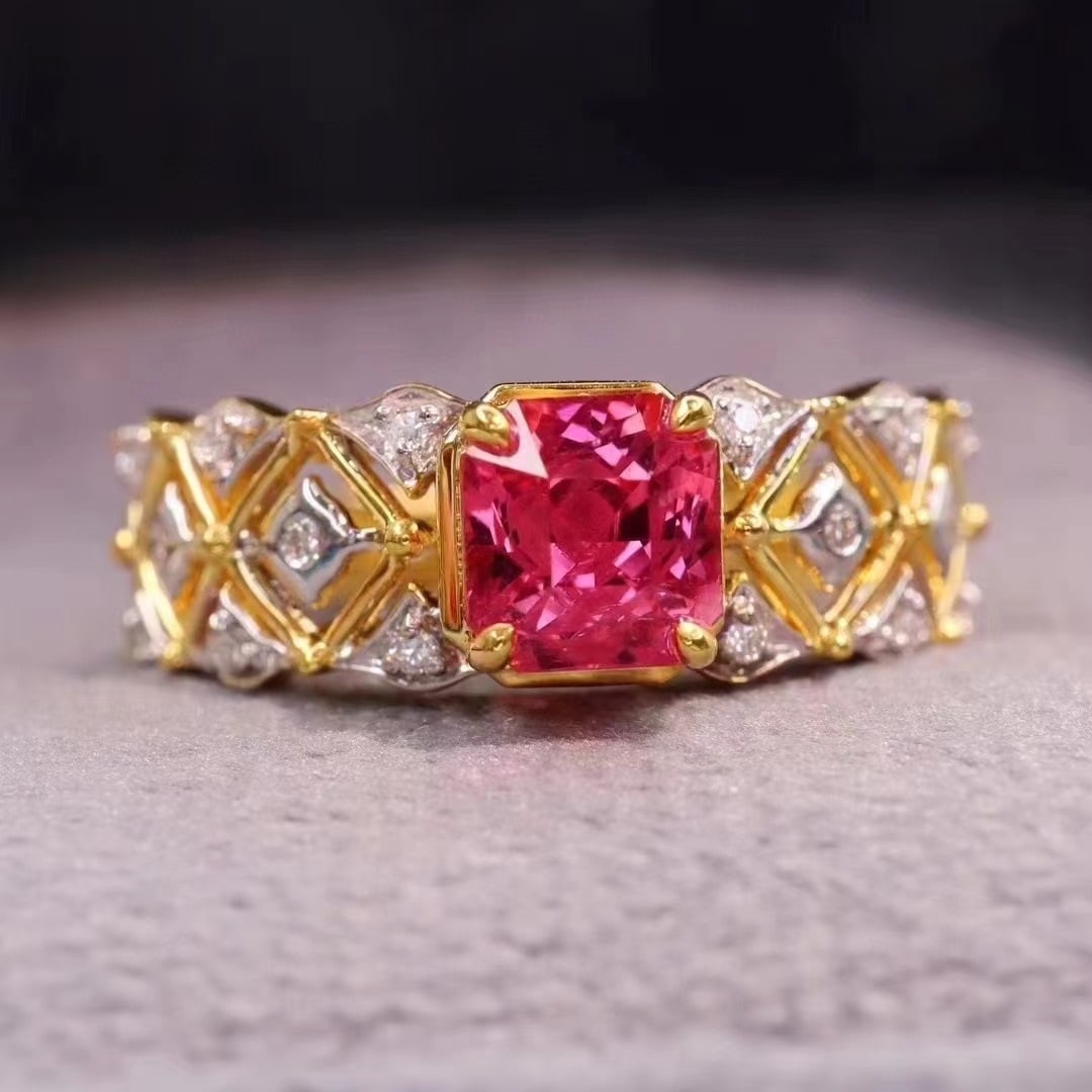 14k Gold 1.29 Ctw Natural Spinel & Diamond Ring: Ref:230969205 // gold content:14k gold // ring size:7. 25us // // main gemstone:spinel // shape:octagonal // carat weight:1. 2ct // color:orangish pink // treatment:natural // // adjacent gemstone 2