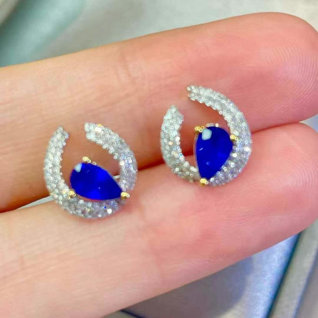 14k Gold 0.8 Ct Natural Sapphire & Diamond Earrings - 2