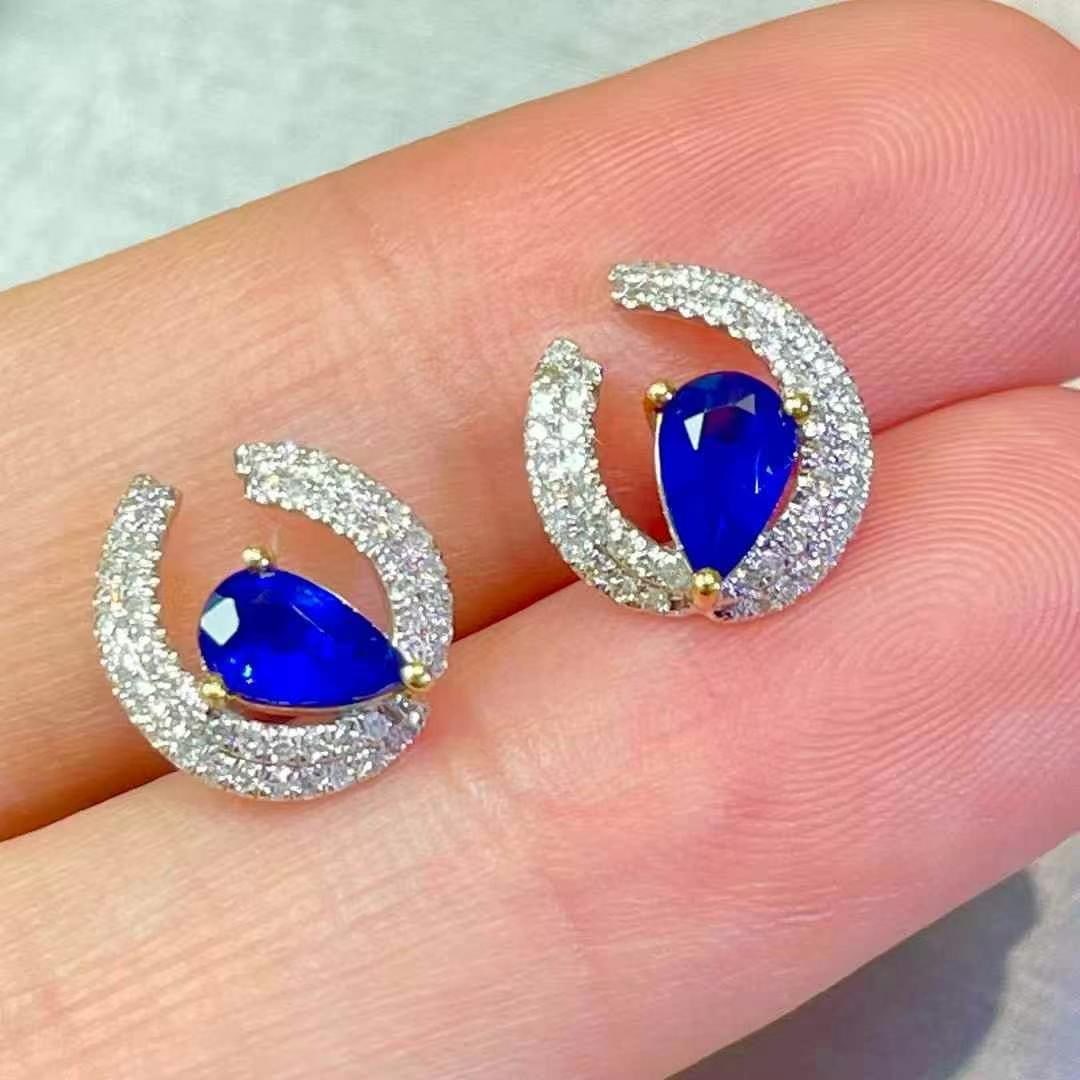 14k Gold 0.8 Ct Natural Sapphire & Diamond Earrings - 5
