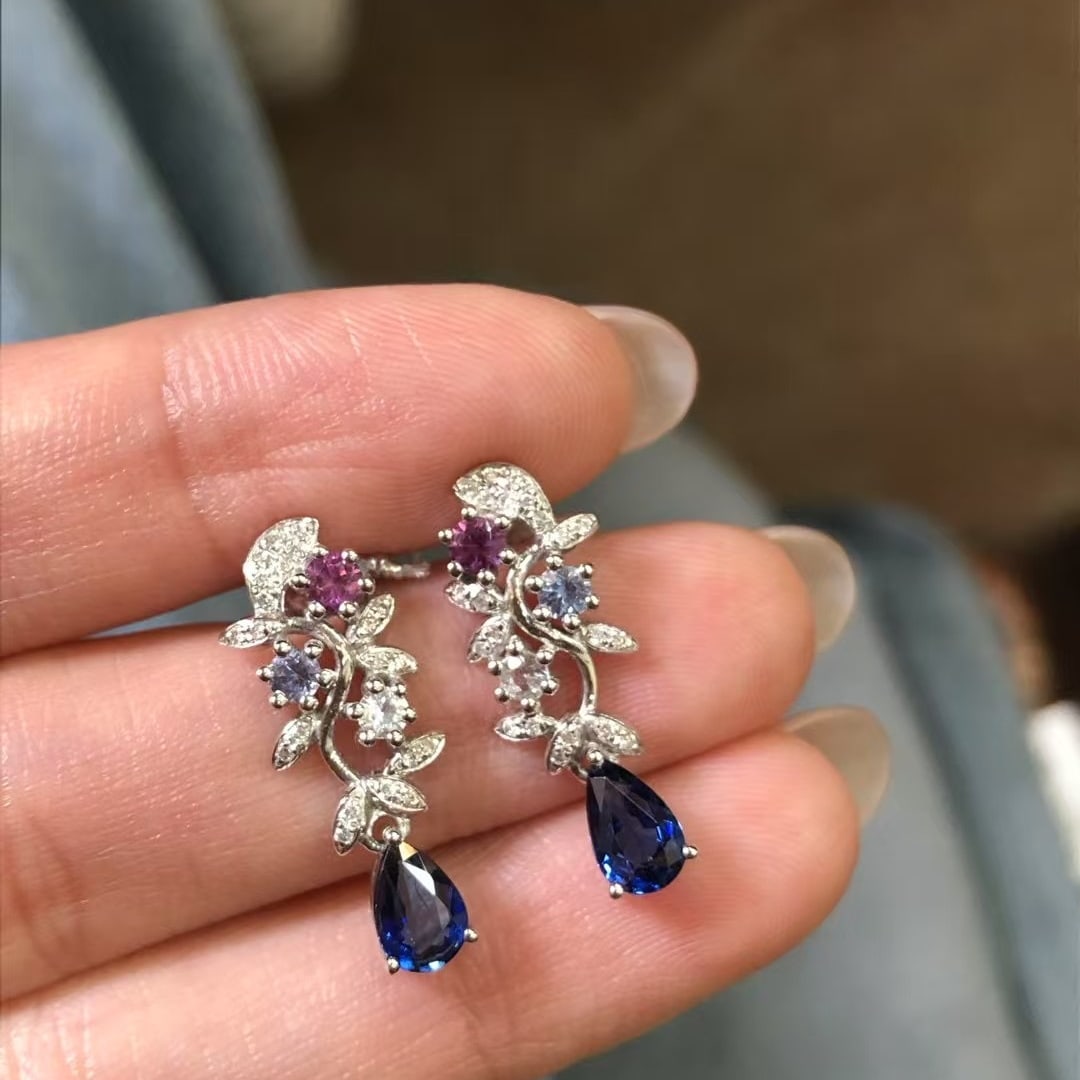 14k Gold 1.35 Ctw Natural Sapphire & Diamond Earrings - 2