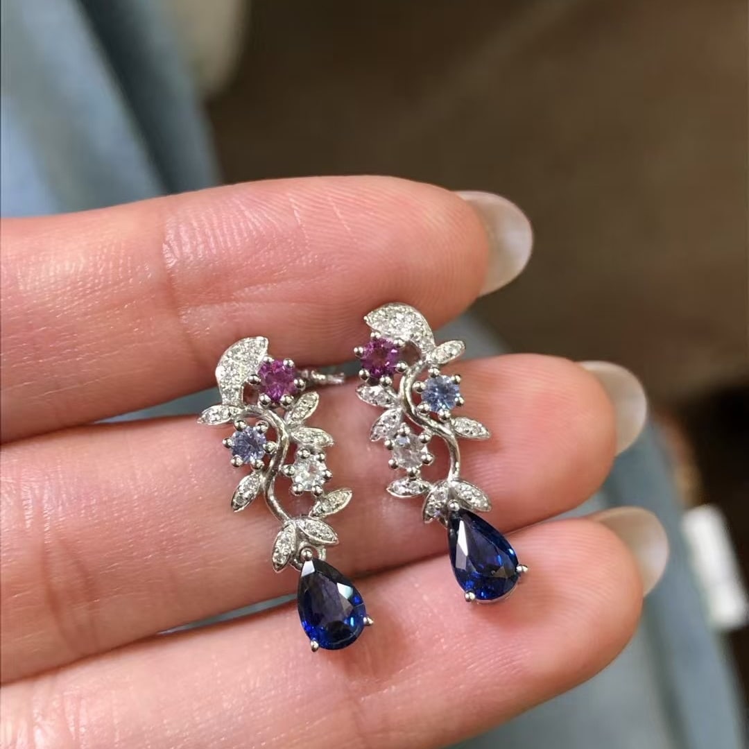 14k Gold 1.35 Ctw Natural Sapphire & Diamond Earrings - 3