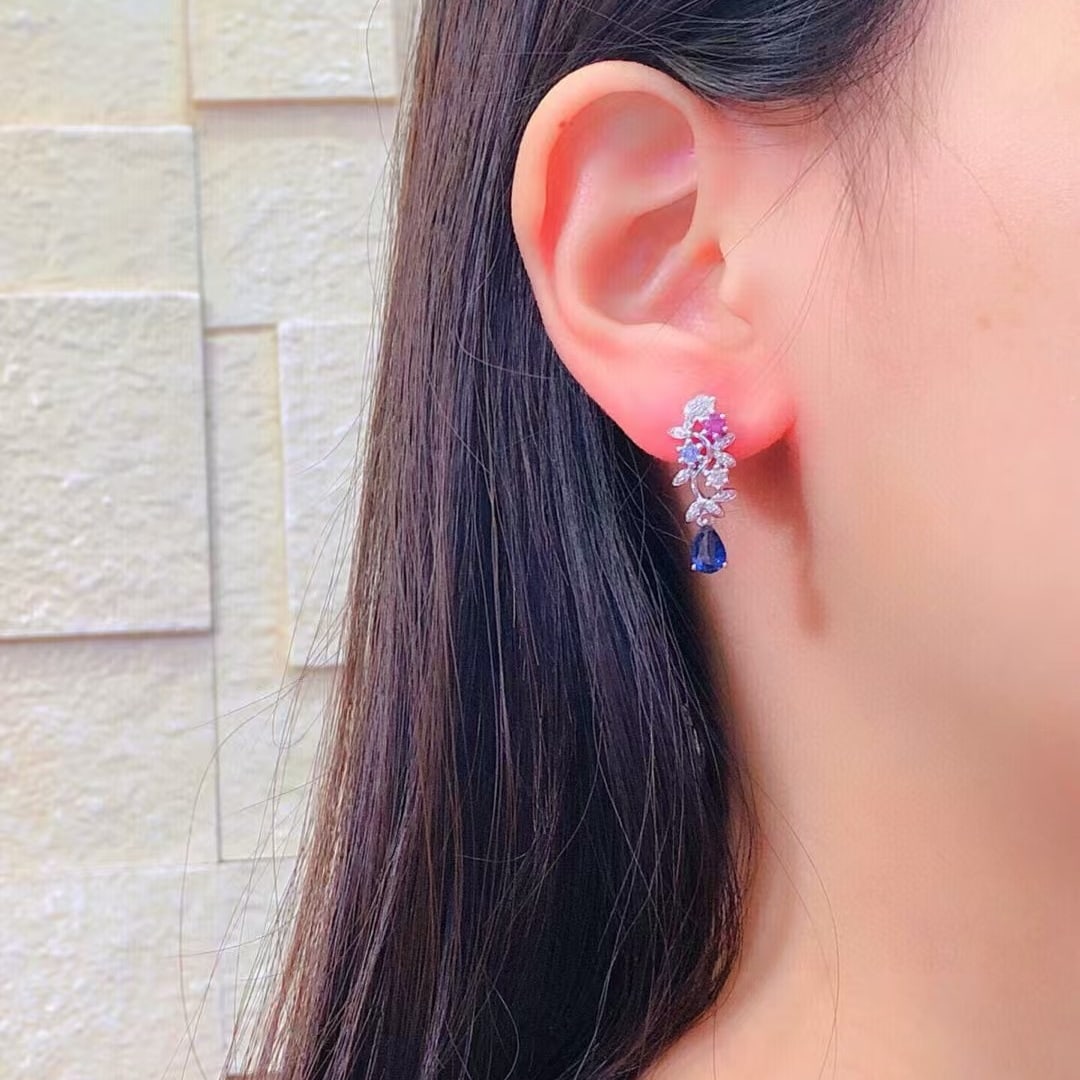 14k Gold 1.35 Ctw Natural Sapphire & Diamond Earrings - 4