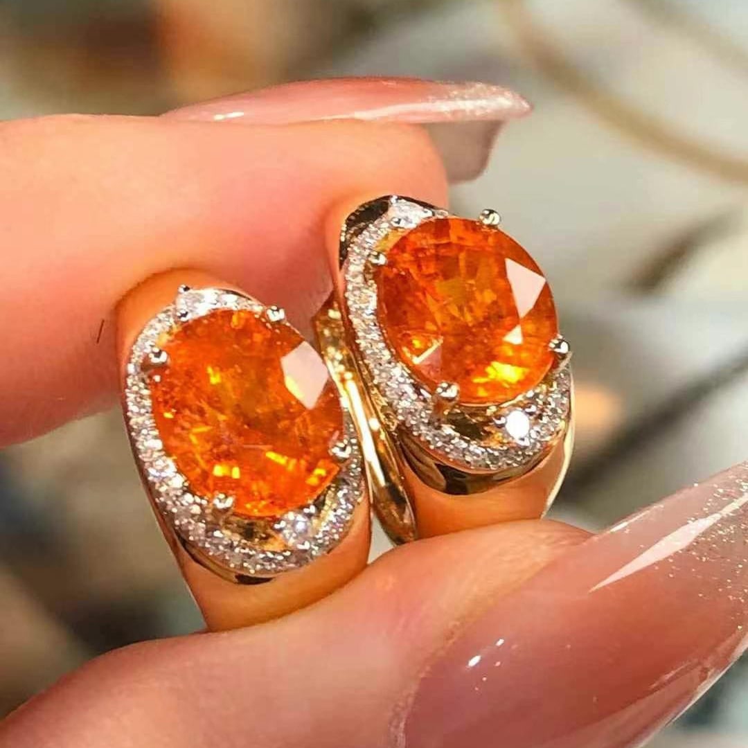 14k Gold 5.35 Ct Natural Spessartine & Diamond Earrings - 2