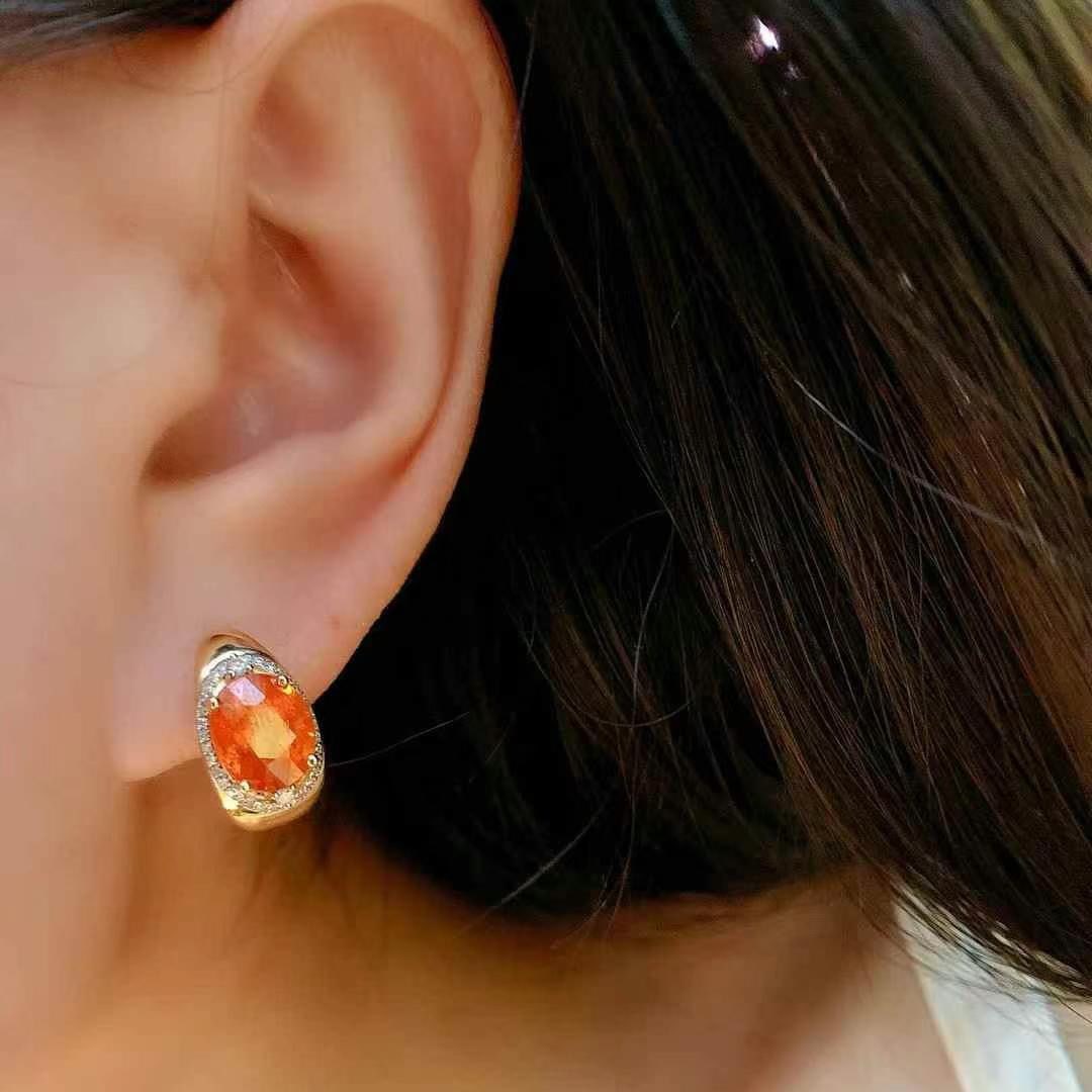 14k Gold 5.35 Ct Natural Spessartine & Diamond Earrings - 3
