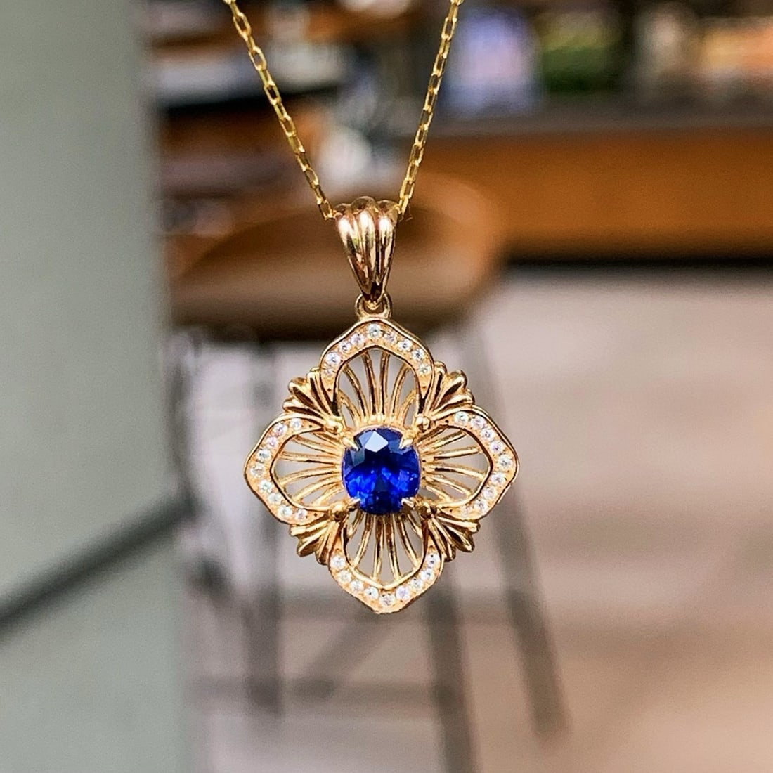 14k Gold 0.58 Ctw Natural Sapphire & Diamond Pendant( Without Chain ) - 4