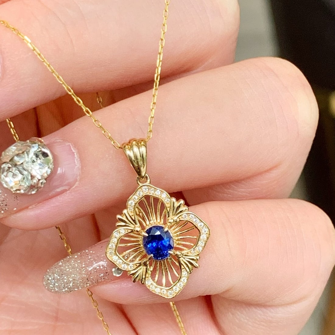 14k Gold 0.58 Ctw Natural Sapphire & Diamond Pendant( Without Chain ) - 6