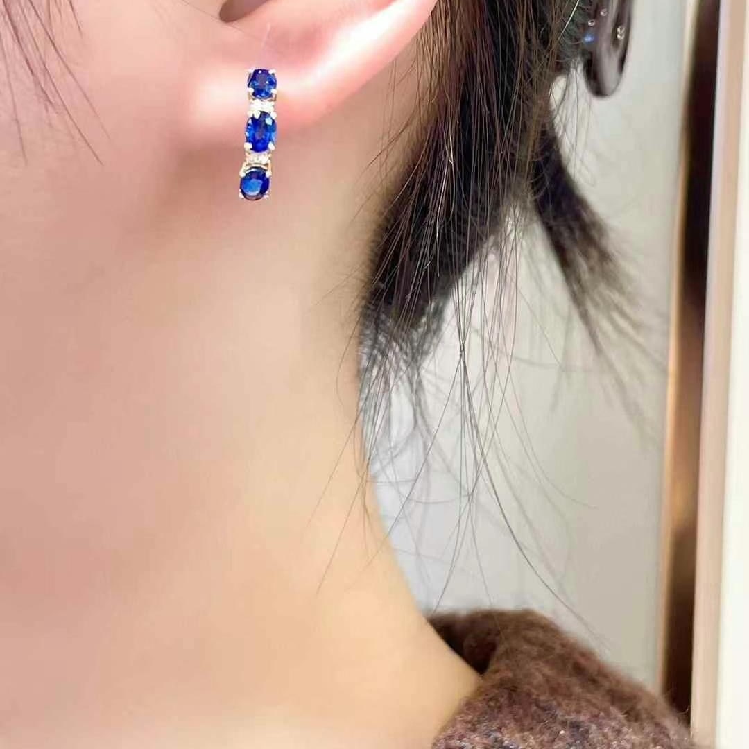 14k Gold 1.55 Ct Natural Sapphire & Diamond Earrings - 2