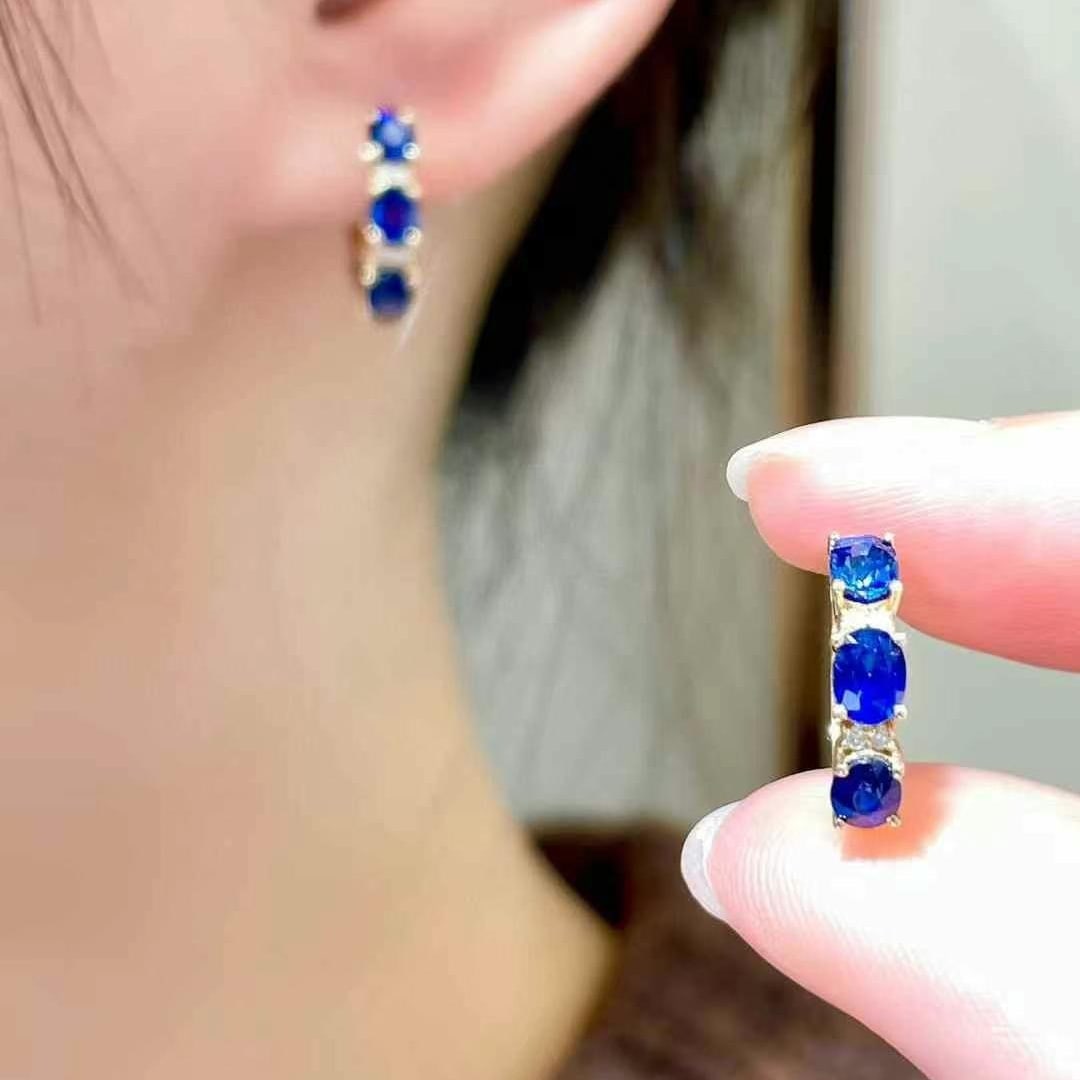 14k Gold 1.55 Ct Natural Sapphire & Diamond Earrings - 3