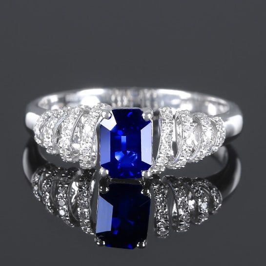 14k Gold 1.15 Ctw Natural Sapphire & Diamond Ring: Ref:230970230 // gold content:14k gold // ring size:7. 25us // // main gemstone:sapphire // shape:octagonal // carat weight:0. 95ct // color:royal blue // treatment:natural // // adjacent gemstone 2