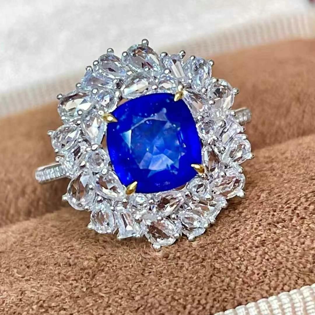 14k Gold 2.1 Ct Natural Sapphire & Sapphire & Diamond Ring: Ref:230970244 // gold content:14k gold // ring size:7. 25us // // main gemstone:sapphire // shape:cushion // carat weight:2. 1ct // color:royal blue // treatment:natural // // adjacent gemstone 2 :