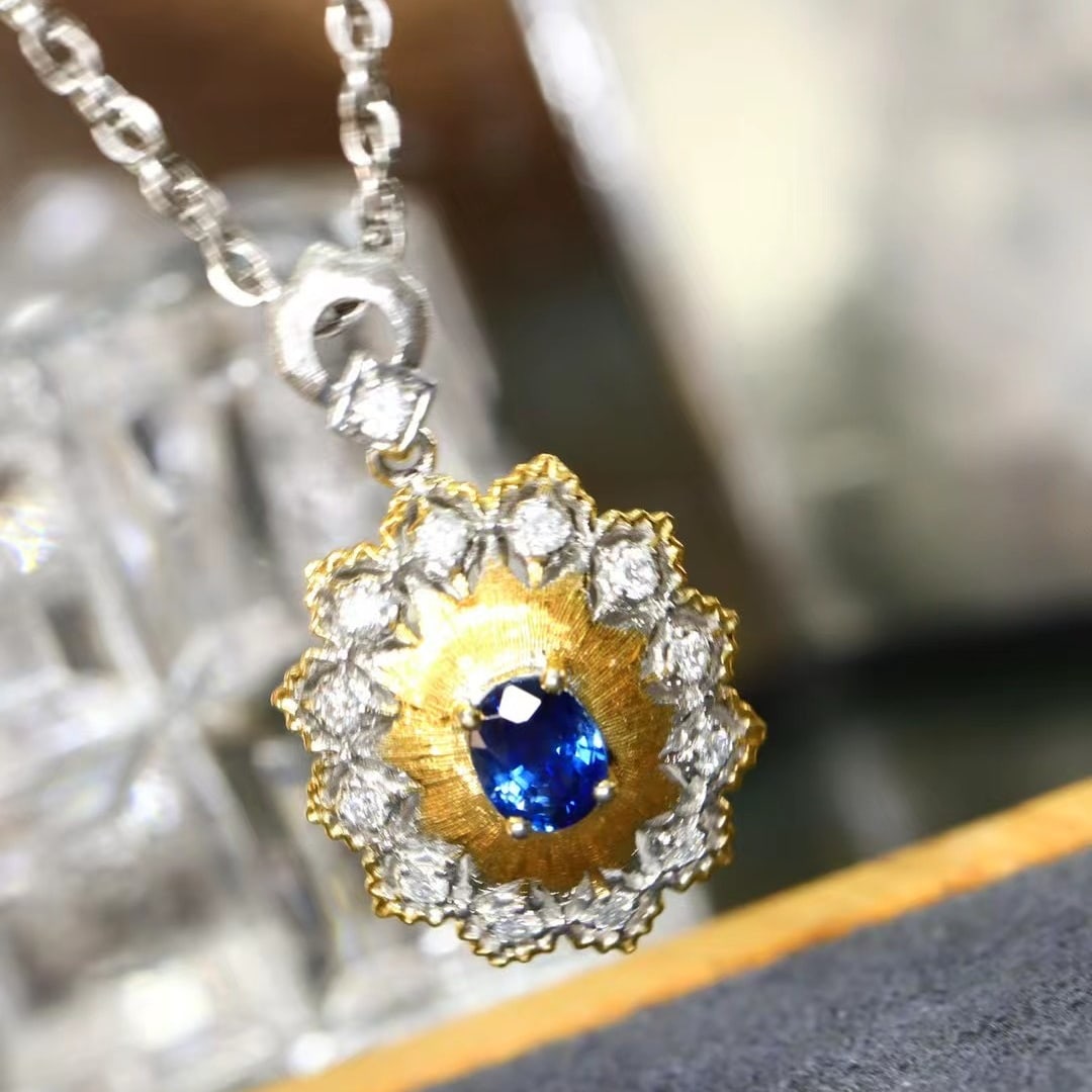 14k Gold 0.76 Ctw Natural Sapphire & Diamond Pendant( Without Chain ) - 2