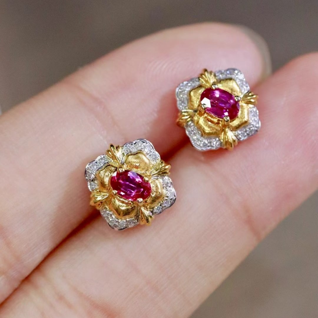 14k Gold 0.63 Ctw Natural Ruby & Diamond Earrings - 3